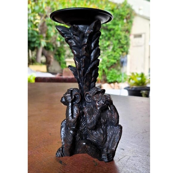 Unique 3 Monkeys Hear, Speak, See No Evil Under Palm Tree Pillar Candle Holder - Picture 1 of 7